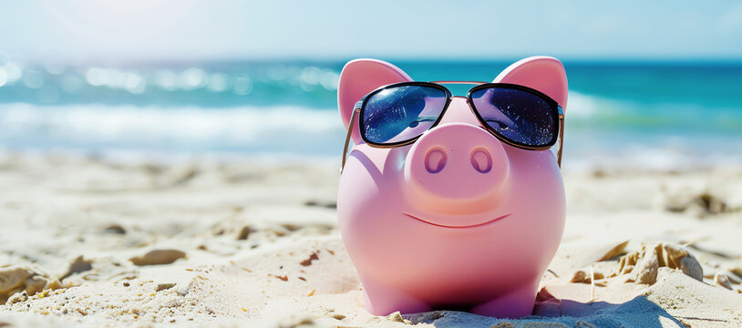pink piggy bank at the beach, AI generated