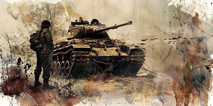 Art (WWII Poster): A figure standing next to a WWII propaganda poster, symbolizing the art and messaging of the era