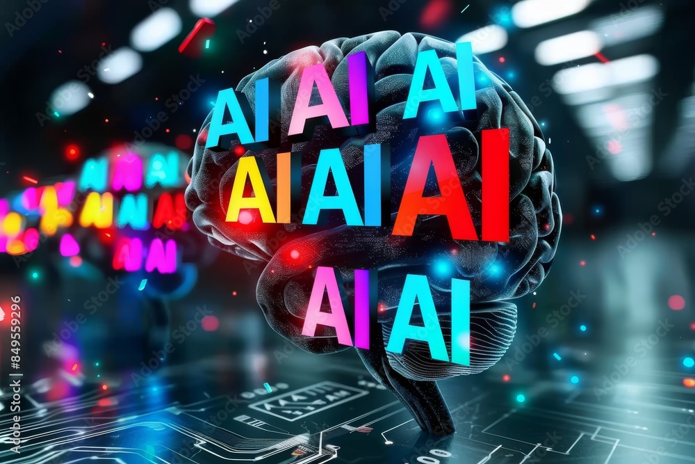 Poster neon ai logos in motion, reflecting the dynamic and evolving nature of artificial intelligence brand