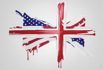 Christian cross symbol painted with ink on American flag background in white