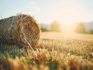 a bale of hay in a field in summer