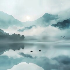 Calming Fog in the Mountains Dark Art Nature Lake Landscape Blue White Dreamy Foggy Bird