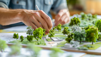 A designer's hands refining an architectural model with small trees to visualize the landscape environment.