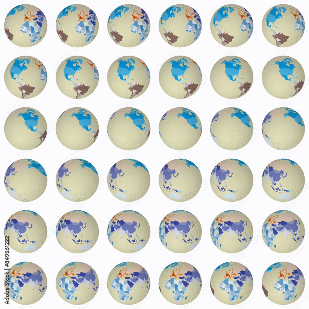Poster collection of planet globes. slanted sphere view. rotation step 10 degrees. colored countries style.