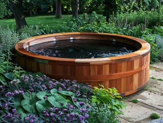 A wooden jaccuzzi in a beautiful garden