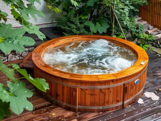 Fototapeta premium A wooden jaccuzzi in a beautiful garden