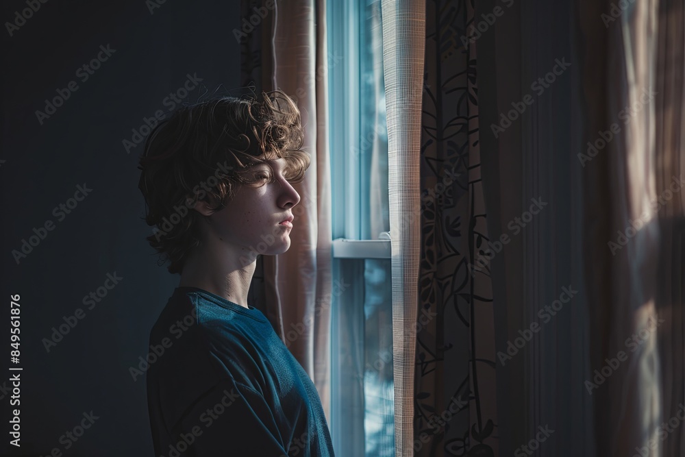 Poster a young man stands by a window, looking out with a thoughtful expression. soft natural light streams