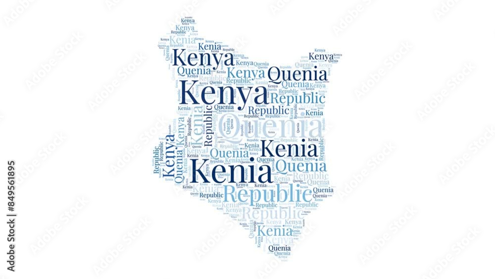 Poster kenya shape word cloud animation. country boundary filled with country names animated. kenya present