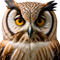 A striking portrait of an owl, showcasing its intense, bright yellow eyes and distinctive facial markings
