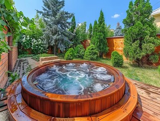 Fototapeta premium A wooden jaccuzzi in a beautiful garden