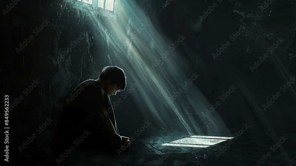 Poster A person sits alone in a dark room, illuminated by a single window. Their face is partially hidden in the shadows, their posture conveying sadness and isolation. Generative AI
