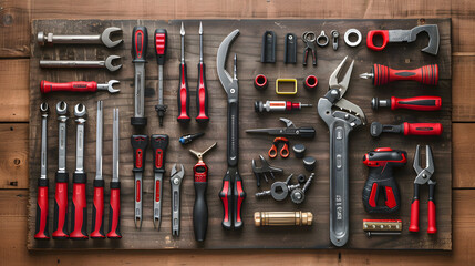 A collection of woodworking tools are displayed on a wooden surface