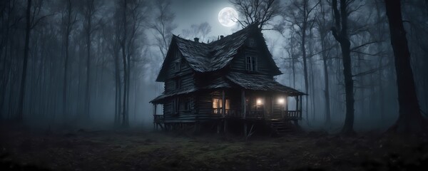 scary haunted house in forest during night. Extremely detailed and realistic high resolution illustration