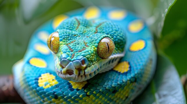 A close-up photograph of a green tree python with yellow spots, resting on a branch in a lush, green environment