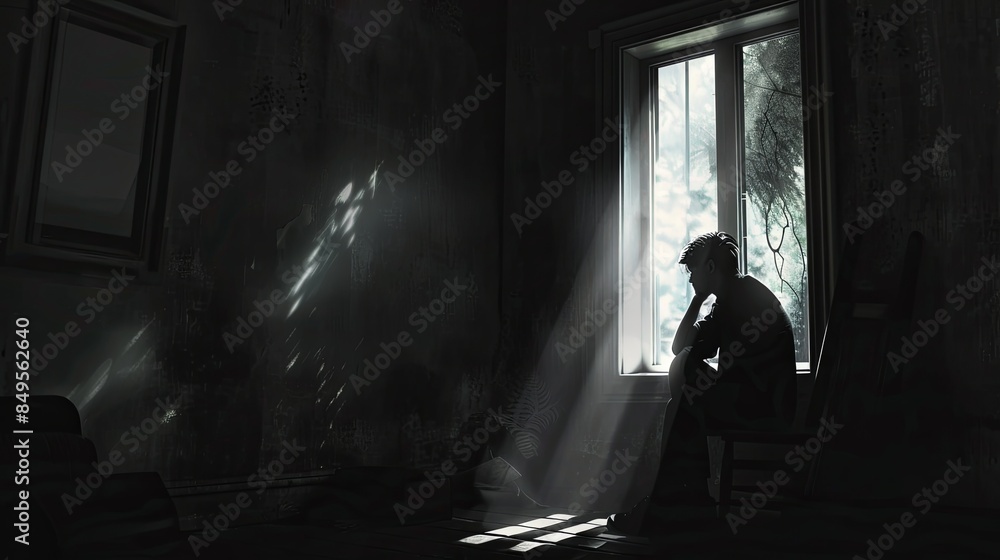 Poster a person sits alone in a dark room, their face partially obscured by shadows, as a beam of light shi