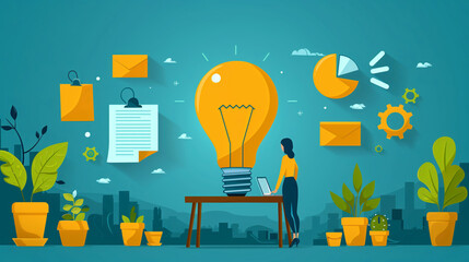 businesswoman at the desk with lightbulb in green environment, startup in the field of sustainable technologies