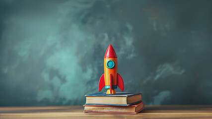 A rocket standing on the books with copy space. Education, learn concept.