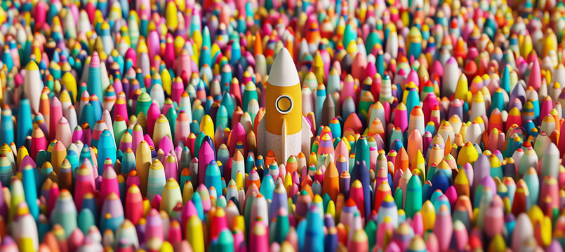 Launch of a pencil rocket on colorful wooden background, made of wood. Successful start concept.