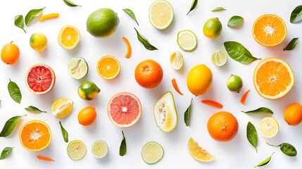 A colorful assortment of citrus fruits, including oranges, lemons, and limes