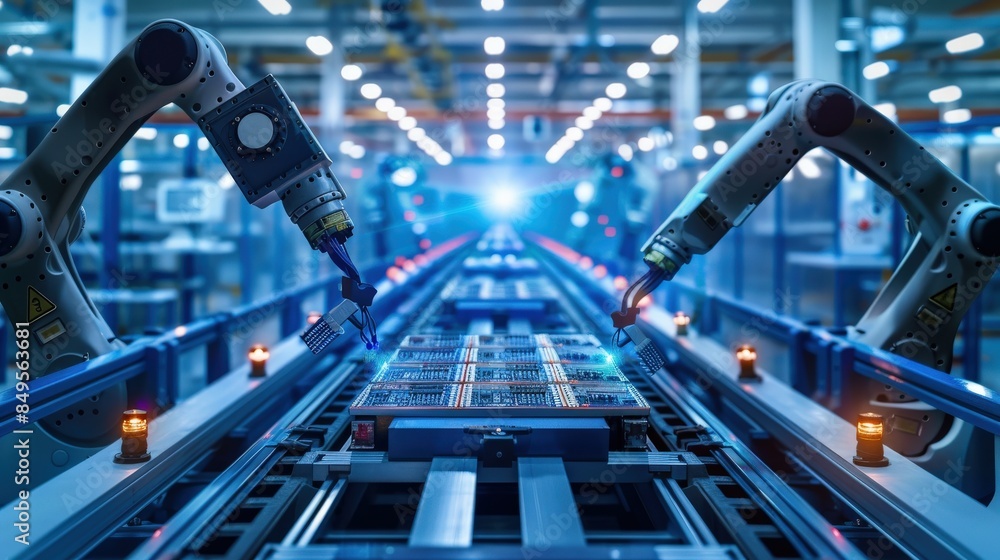 Aufkleber two robots are working on a conveyor belt, with one robot on the left and the other on the right. th