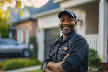 Middle-aged African American male postal worker in a neat uniform, happily delivering mail in a suburban neighborhood