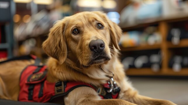 A golden retriever service dog is working inside a store, wearing a red harness. The dog is looking up attentively and appears to be in a calm, focused state