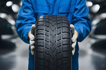 Mechanic in blue uniform holds black tire with textured tread pattern, blurred background
