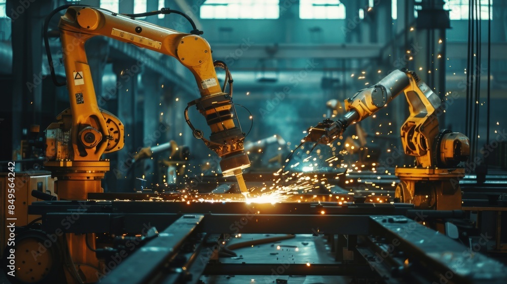 Aufkleber a robot is working in a factory, surrounded by other robots. the scene is industrial and mechanical,
