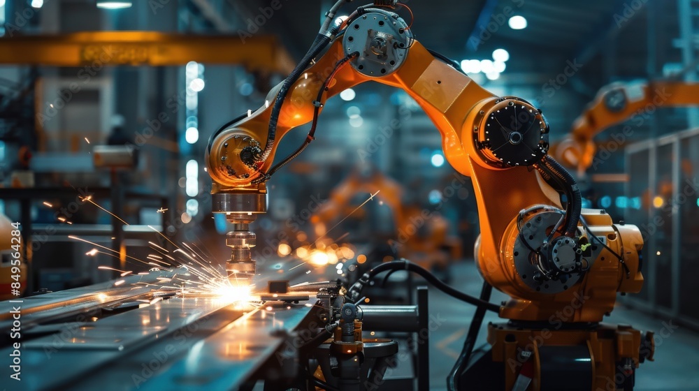 Poster a robot is working in a factory, surrounded by other robots. the scene is industrial and mechanical,
