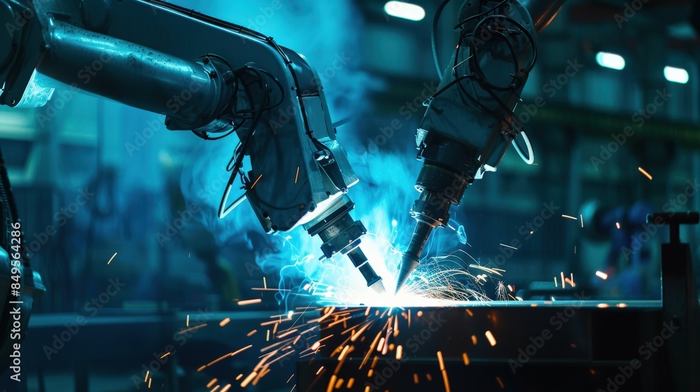 Poster a robot is working in a factory, surrounded by other robots. the scene is industrial and mechanical,
