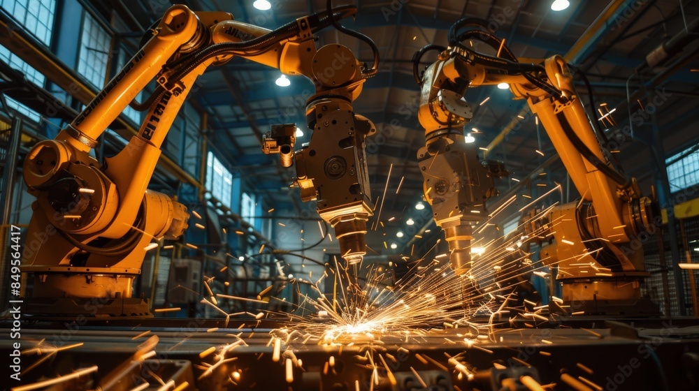 Poster a robot is working in a factory, surrounded by other robots. the scene is industrial and mechanical,