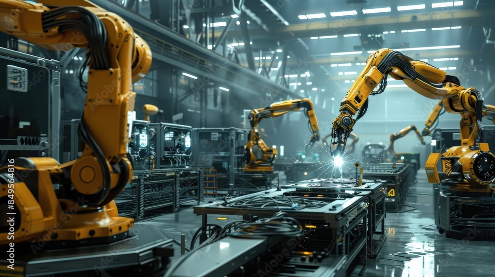 Poster a factory with robots working on a machine. scene is industrial and futuristic