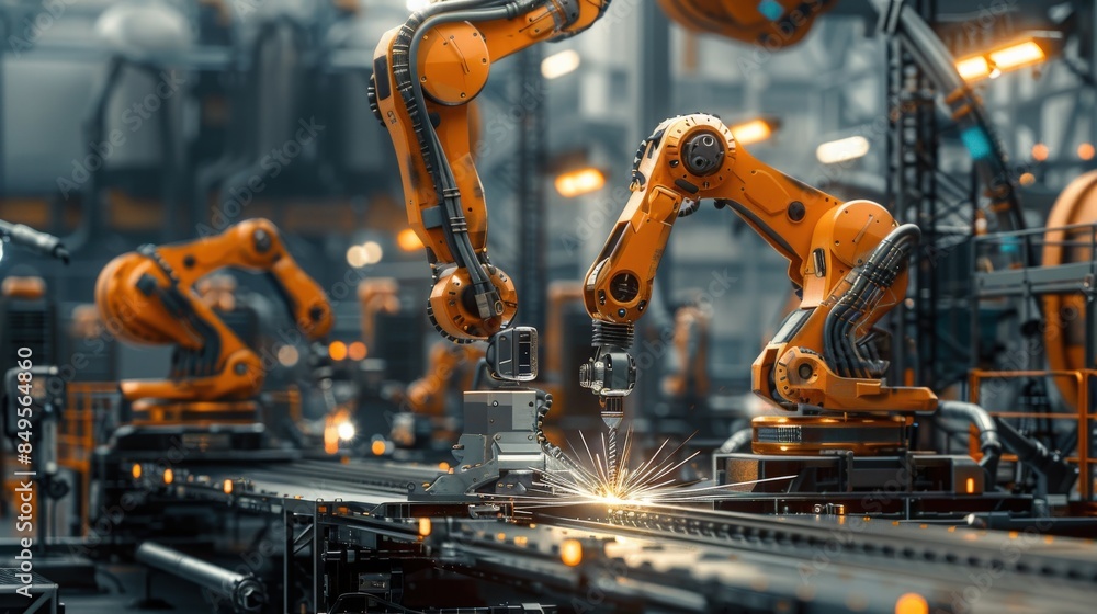 Poster a factory with robots working on a machine. scene is industrial and futuristic