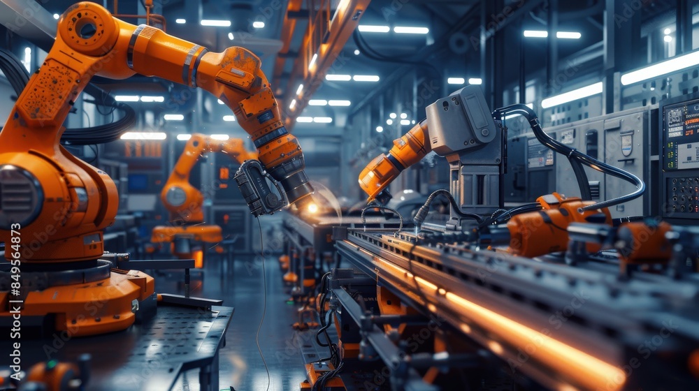 Poster a factory with robots working on a machine. scene is industrial and futuristic