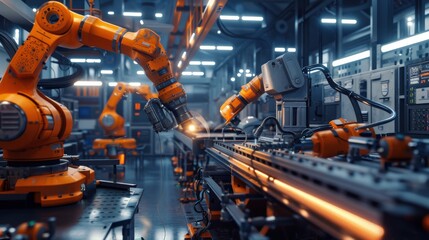 Fototapeta premium A factory with robots working on a machine. Scene is industrial and futuristic
