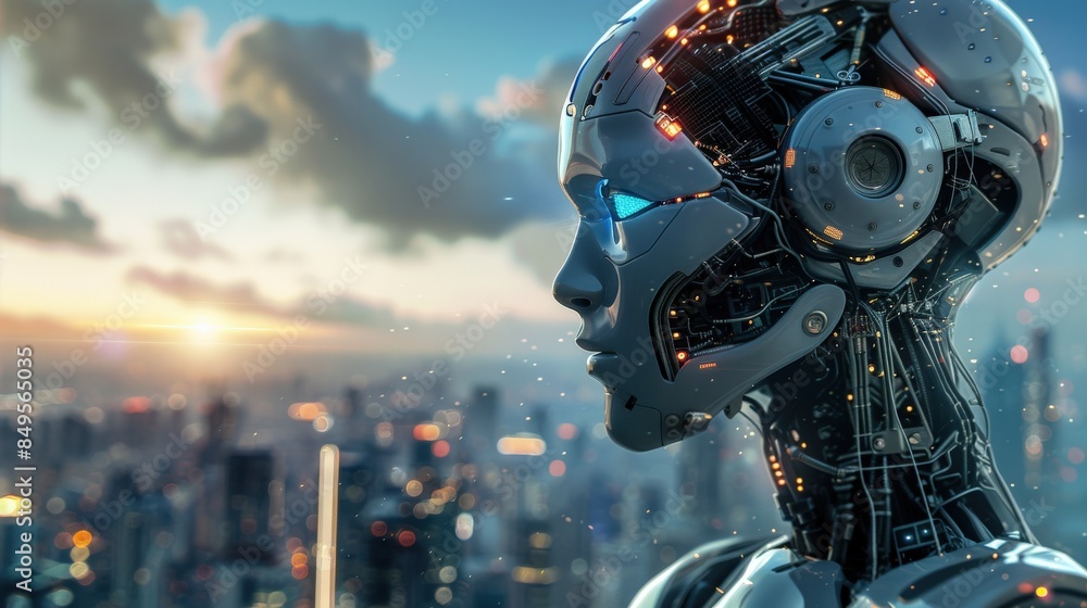 Poster a robot with a blue face stands in front of a city skyline. the robot's face is illuminated by the s