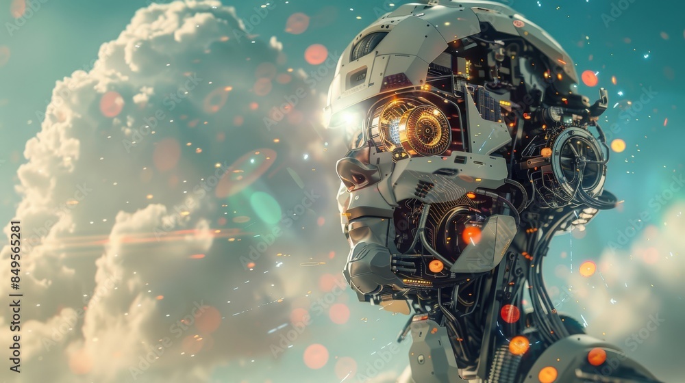 Poster a robot head with a glowing face is shown against a cloudy sky. the robot's face is illuminated, giv