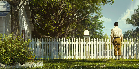 Family Life (White Picket Fence): A figure standing near a white picket fence, symbolizing the idealized family life of the 1950s