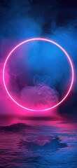 Neon circle. Blue and pink neon light round frame. Glowing ring with copy space