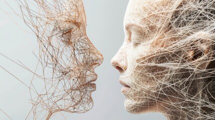Faces of human and AI intertwined with threads, depicting equality in AI ethics. Equality in ai ethics