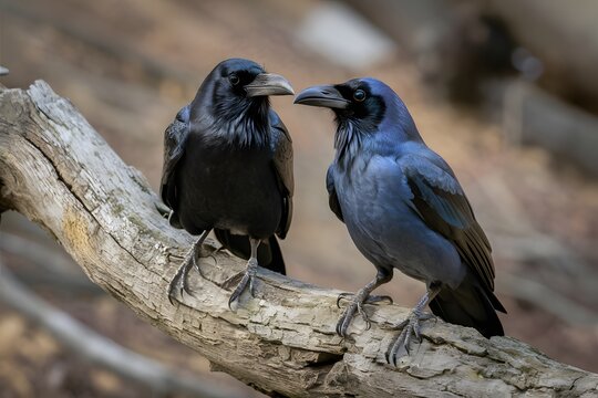 Two ravens perched on a weathered tree branch in a natural forest setting