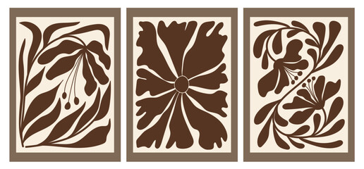 A set of modern abstract flower posters. Nerdy naive groovy funky wall paintings. Colorful vector flat illustration for interior, paintings, postcards, covers, tee print, wallpaper, flower show.