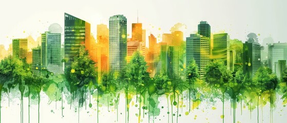 Obraz premium Abstract watercolor painting of a vibrant city skyline with a mix of modern buildings and greenery, showcasing urban and natural harmony.