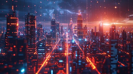 Fototapeta premium Digital landscape of smart city in cyber world, networks and augmented reality concept. 3d illustration
