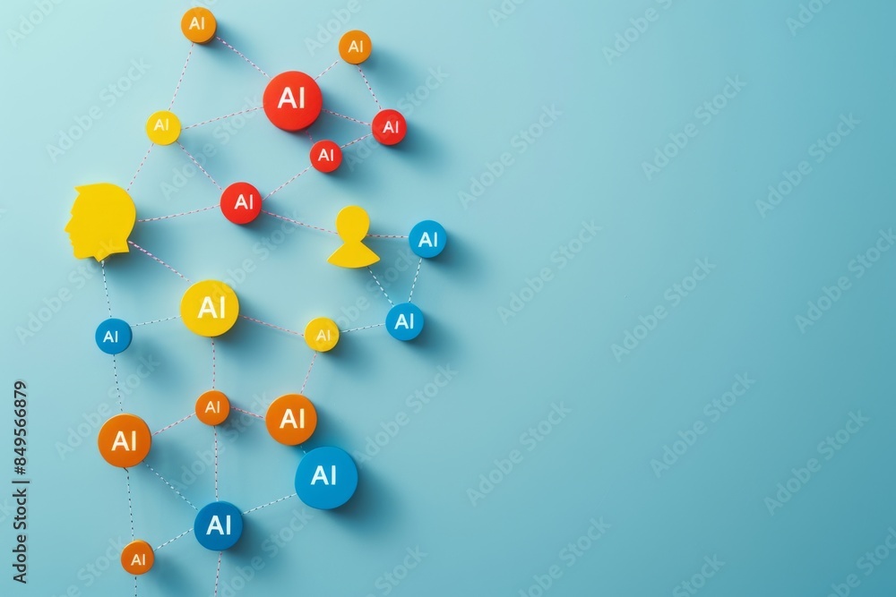 Poster vibrant depiction of ai concept with floating icons, symbolizing the dynamic and evolving nature of 