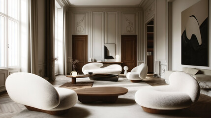 Luxurious modern living room with textured furniture and elegant decor