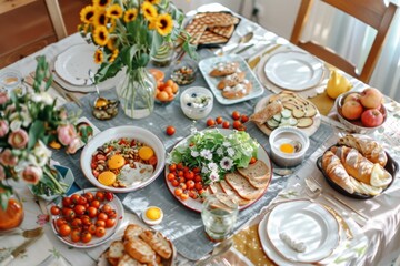 A beautifully arranged breakfast table with flowers, fresh bread, vegetables, fruit, eggs, and assorted dishes creating a vibrant and inviting atmosphere.
