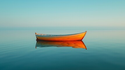 a single old wooden boat floating gently on calm sea water