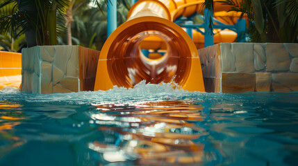 one tube water slide ending in a swimming pool in a tropical indoor water park