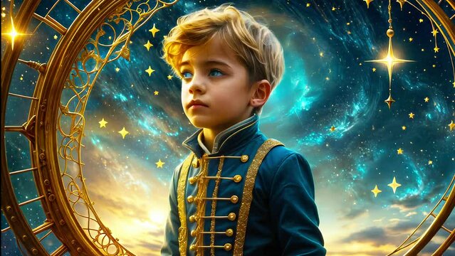 A little cute boy looks hopefully into the starry night sky, a little dreamer and dreamer.